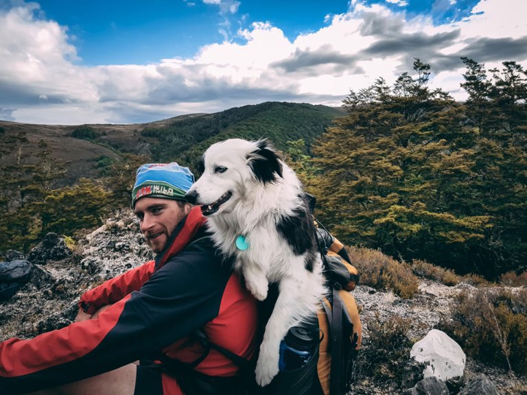 Wandern mit Hund, Mann und Hund sitzen auf einem Felsvorsprung